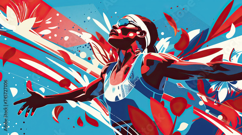 Concept design for the 2024 Olympics in Paris, France. Elite running athlete in a race, crossing the finish line with open arms. Not an actual depiction of the event. Vibrant, red, white, blue photo