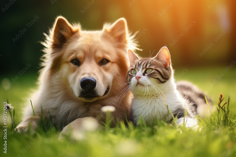 Dog and cat on green grass. Shelter pets, animals. Veterinary, zooclinic, goods for animals.. Dog and cat on green grass. Shelter pets, animals. Veterinary, zooclinic, goods for animals..
