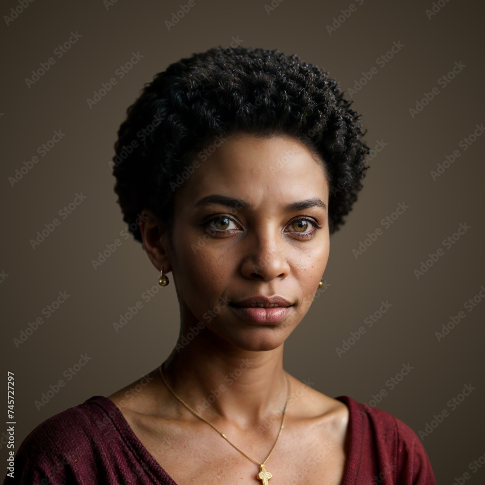 A woman african with short hair and a red shirt looks directly at the camera. A woman african with short hair and a red shirt looks directly at the camera.