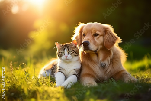 Dog and cat on green grass. Shelter pets, animals. Veterinary, zooclinic, goods for animals..