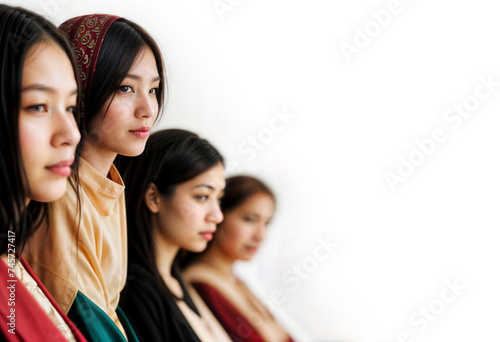Asian women standing in a line against a white background.