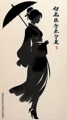 high quality, logo style, Yabusame, black sumi-e silhouette of a beautiful woman, sophisticated, simple, by yukisakura, high quality photo