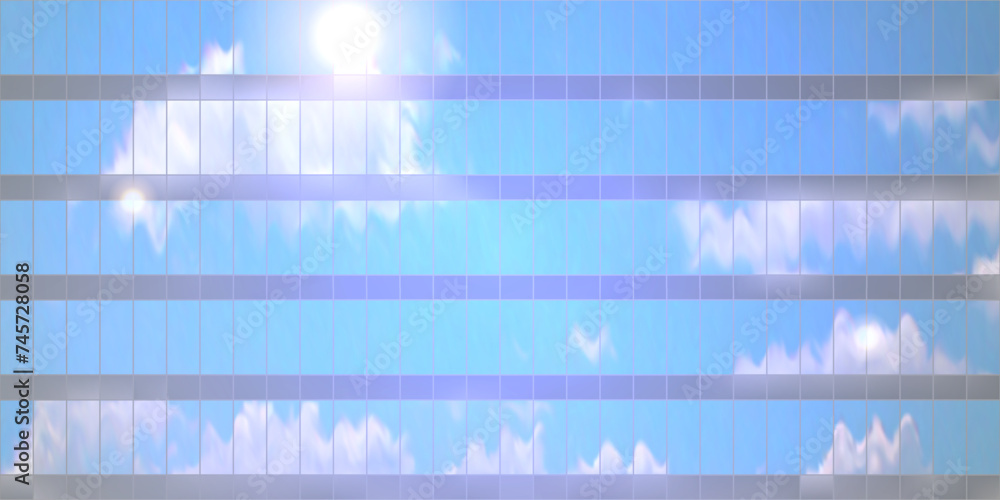 A cloudy sky and sun reflection on a building mirror facade. Glass with a broad perspective. Background with a metropolis or corporate vibe. Vector bg with gradient mesh - obrazy, fototapety, plakaty 
