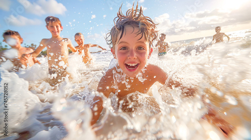 Kids in having fun splashing in the sea. Bright sunlight blue sky. Summer activities