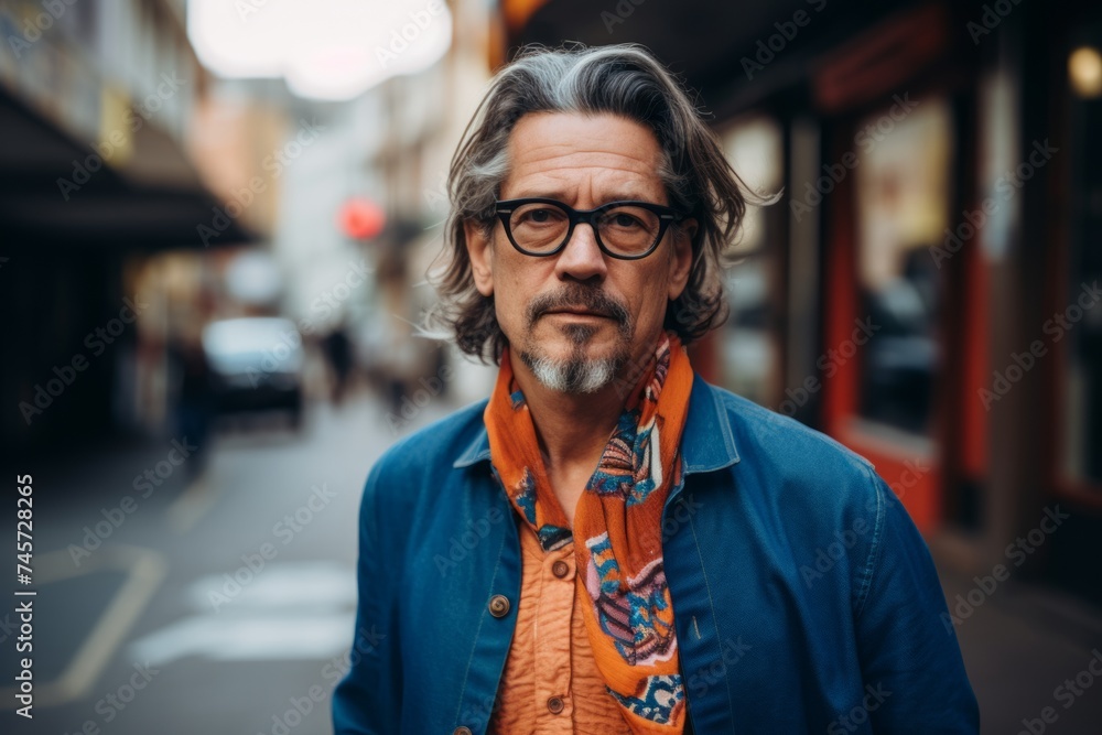 Handsome middle-aged man with long gray hair and beard in a blue jacket and orange scarf on a city street Handsome middle-aged man with long gray hair and beard in a blue jacket and orange scarf on a city street