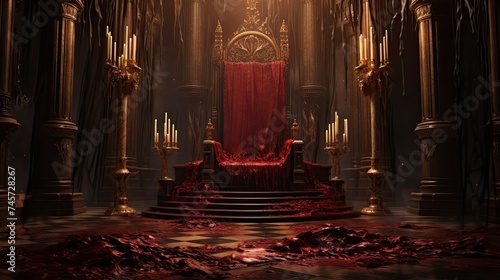 A once noble throne now corrupted the gold and velvet marred by splashes of blood symbolizing a kingdoms fall into tyranny and despair