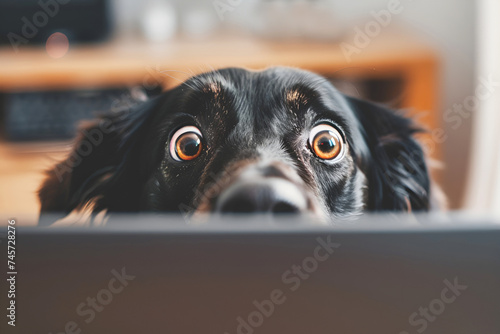 Close-up photo of a black dog looking at a computer monitor in surprise photo