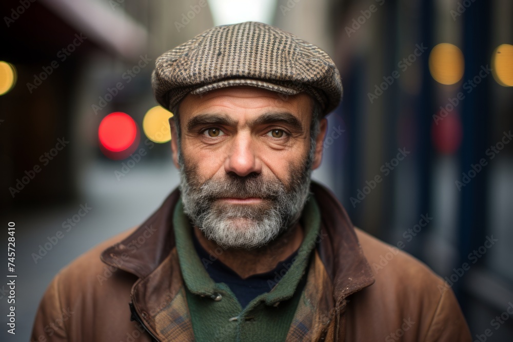 Handsome middle aged man with beard and cap in the city