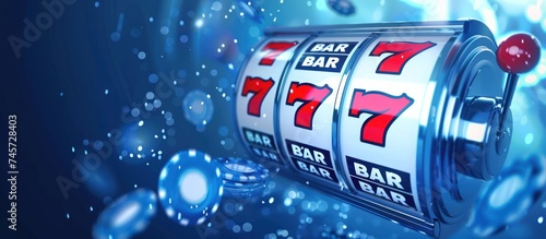 Casino Gambling of blue slot machine on lucky number 7 view blur background. Generated AI image photo