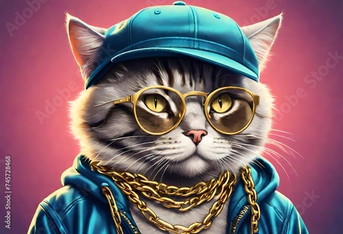 illustration of a hipop rap urban cat wearing a hat  glasses  sunglasses and gold chains  jewelry  jewellry