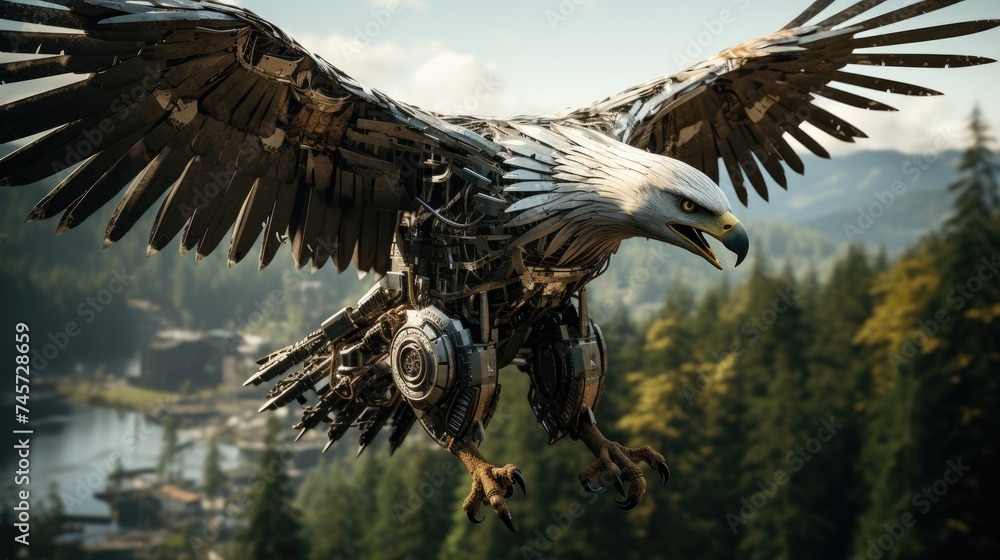 Obraz premium Cybernetic eagle soaring above a smart forest scouting for the digital frontier