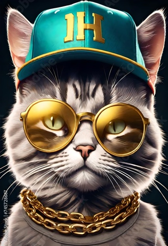 illustration of a hipop rap urban cat wearing a hat, glasses, sunglasses and gold chains, jewelry, jewellry photo