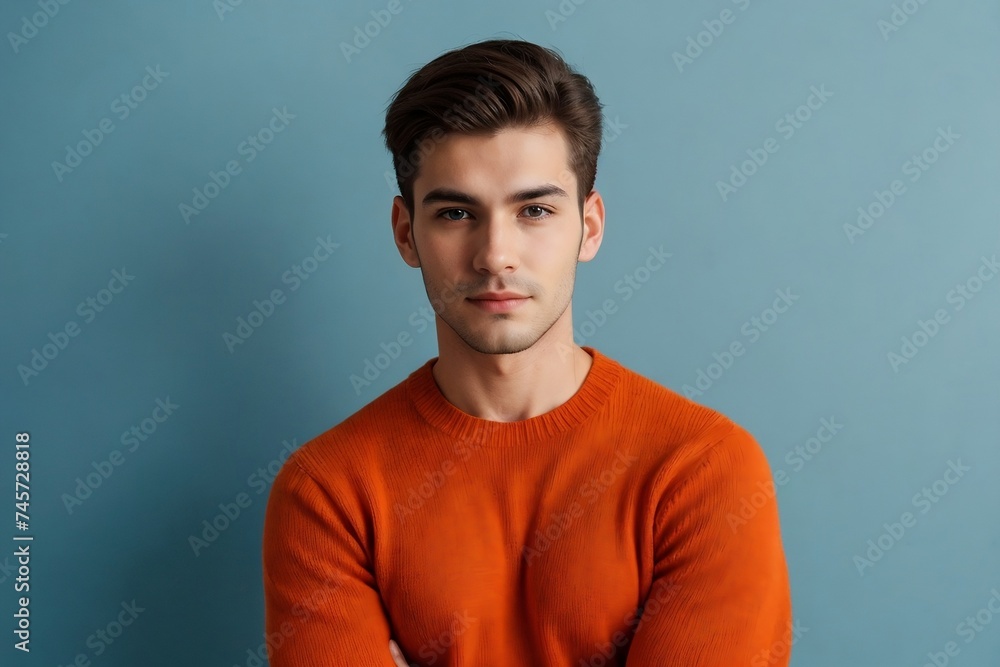 Attractive man wearing an orange sweater standing with arms crossed on the blue color background Attractive man wearing an orange sweater standing with arms crossed on the blue color background