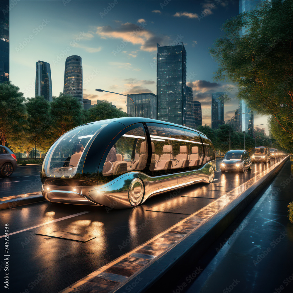 Fototapeta premium Traffic in the city of the future at night, with glowing hovercars