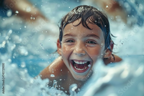Youngster on a water slide is seen in close-up. Generative Ai. © Planum