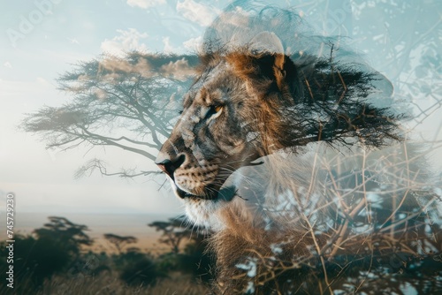 A close-up of a majestic lion merged with a serene savanna landscape in a double exposure