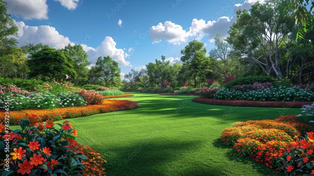 Obraz premium Garden with colorful flowers and green grass, sunny Spring day