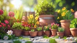 Spring gardening works, colorful flowers in pots and equipment