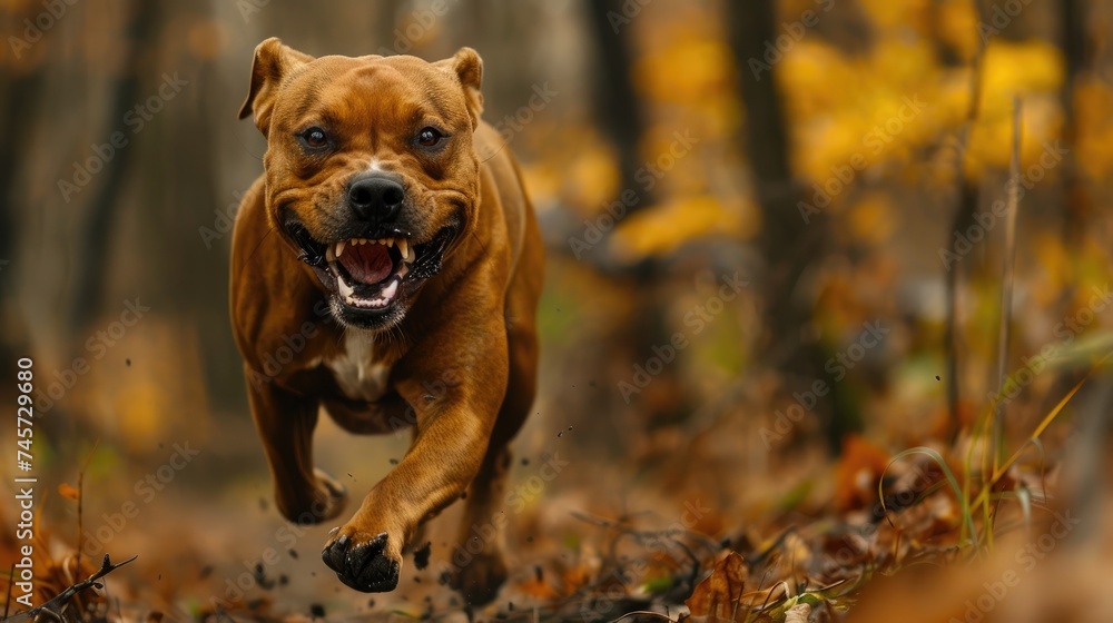 A brown pit bull that is naturally combative.  Generative Ai.