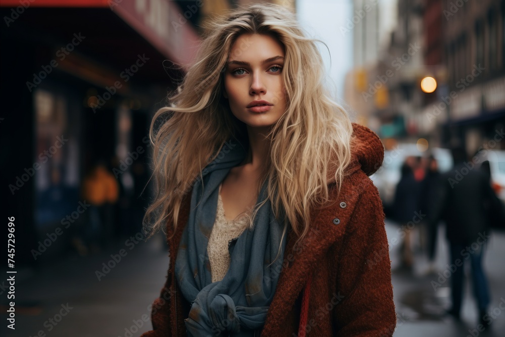 Beautiful young blonde woman in a fur coat on a city street