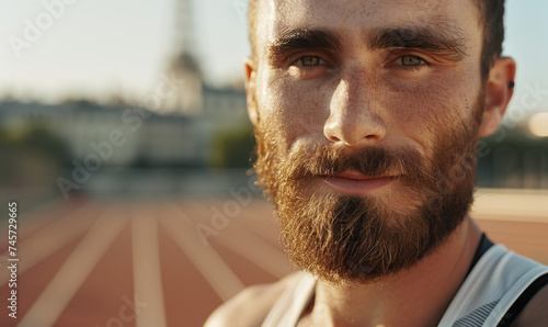 Portrait, focused, happy and healthy running athlete, Eiffel Tower like structure behind. Concept shot for 2024 Olympics in Paris, France. Isolated, modern, bokeh. Not an actual depiction of the event