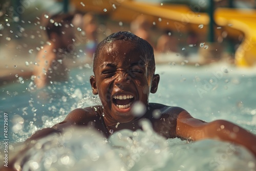 Youngster on a water slide is seen in close-up. Generative Ai. © Planum
