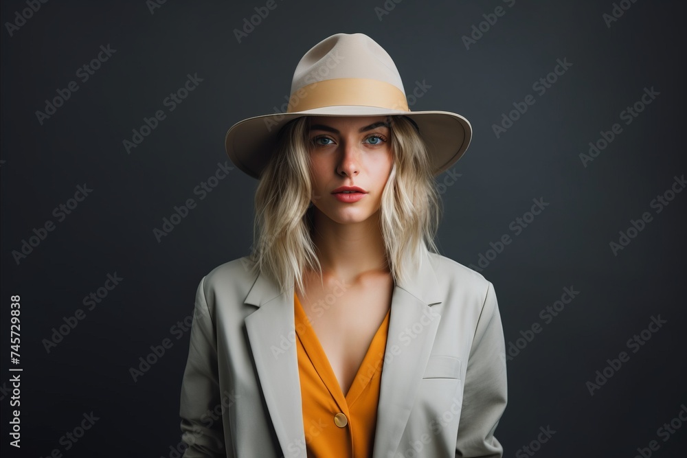 Portrait of a beautiful young blonde woman in a beige jacket and hat. Portrait of a beautiful young blonde woman in a beige jacket and hat.