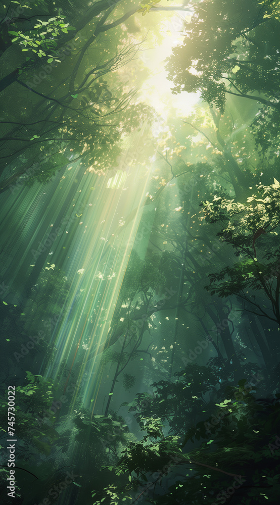 a bright light radiating from behind a lush green forest
