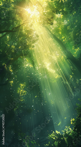 a bright light radiating from behind a lush green forest