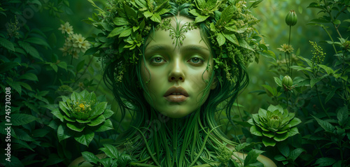 Mother of Nature: Woman with Green Hair Embracing Nature's Harmony, Surrounded by Plants and Flowers