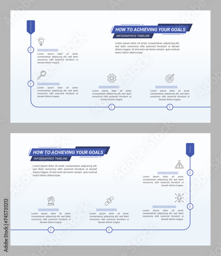 Infographic Timeline Divided into Two Slides with 8 Steps and Editable Text on a 16:9 Layout for Business Presentations, Management, and Evaluation.