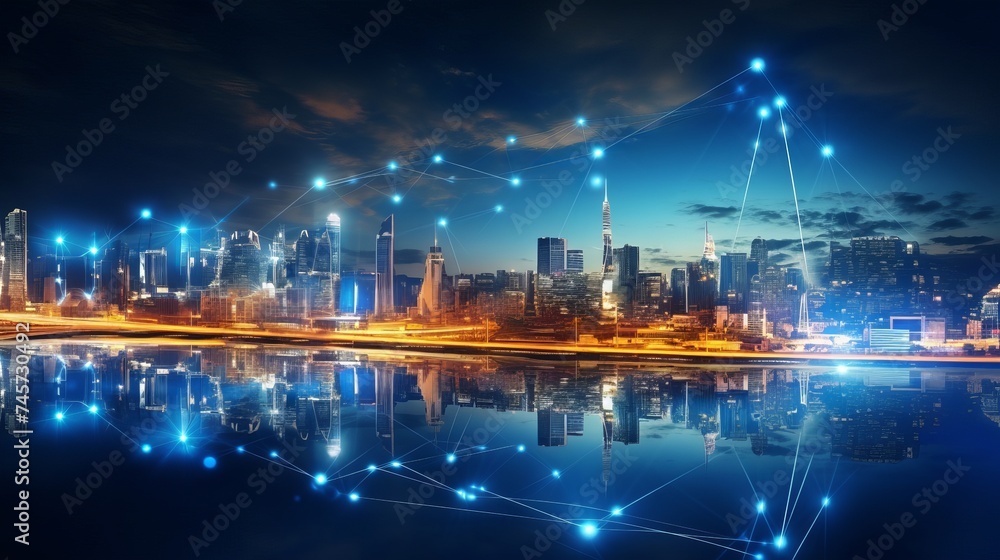 5G network digital hologram and internet of things on city background.Double exposure city of cpu 5g.5G network wireless systems,IoT(Internet of Things),communication network concept