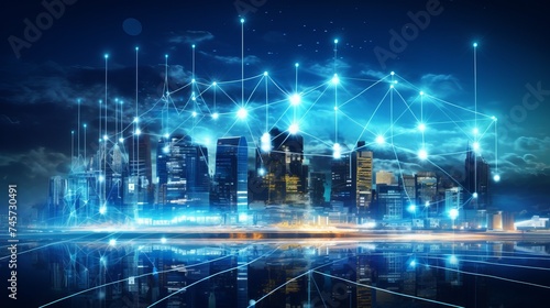5G network digital hologram and internet of things on city background.Double exposure city of cpu 5g.5G network wireless systems,IoT(Internet of Things),communication network concept