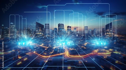 5G network digital hologram and internet of things on city background.Double exposure city of cpu 5g.5G network wireless systems IoT Internet of Things  communication network concept