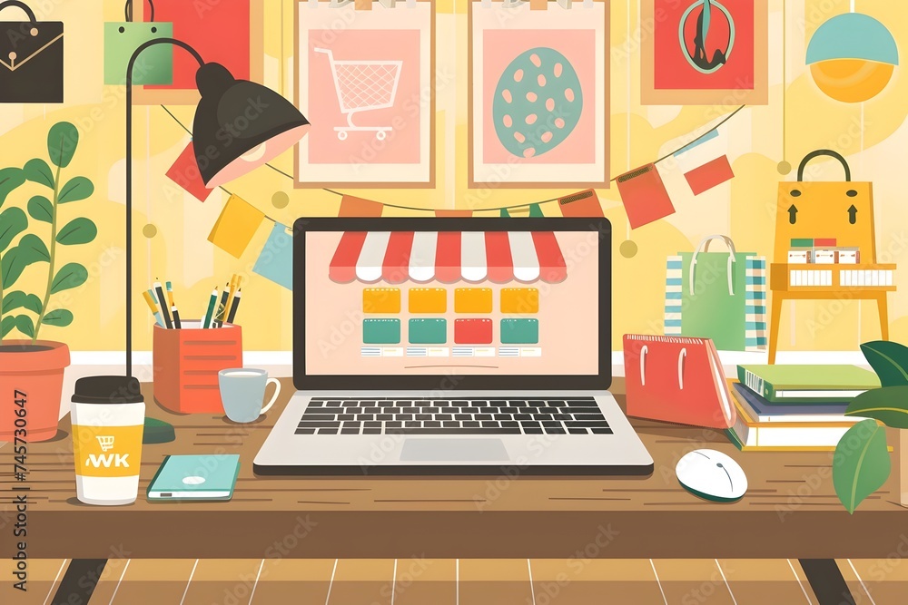 Fototapeta premium illustration of a computer on desk featuring online shop, e-commerce websites in the style of nostalgic illustration retail sales, marketing and grocery art Perfect for business ideas and home office