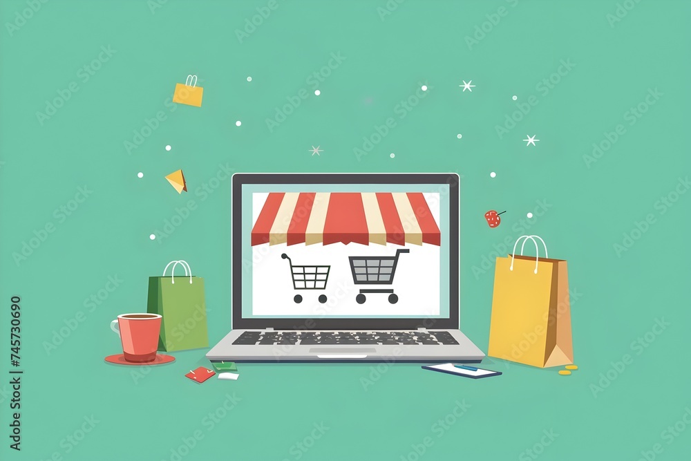 digital illustration of ecommerce shopping experience featuring open laptop displaying shopping carts in the style of stripes, shapes Part of series showcasing technological marvels, creative design digital illustration of ecommerce shopping experience featuring open laptop displaying shopping carts in the style of stripes, shapes Part of series showcasing technological marvels, creative design