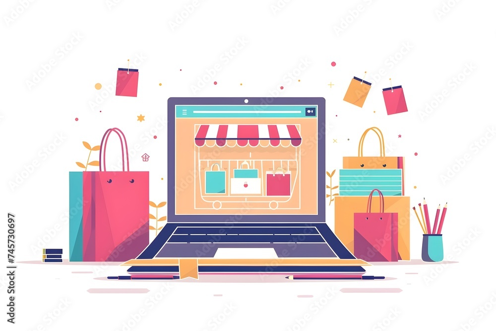 A laptop with an open screen displaying gifts and shopping bags in the style of graphic design-inspired illustrations portraying the ease of online shopping in a digital age A laptop with an open screen displaying gifts and shopping bags in the style of graphic design-inspired illustrations portraying the ease of online shopping in a digital age