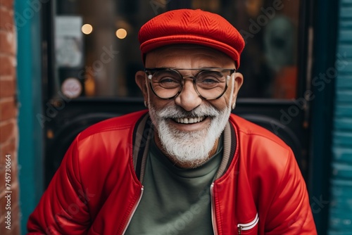 Smiling senior man in red jacket and eyeglasses looking at camera