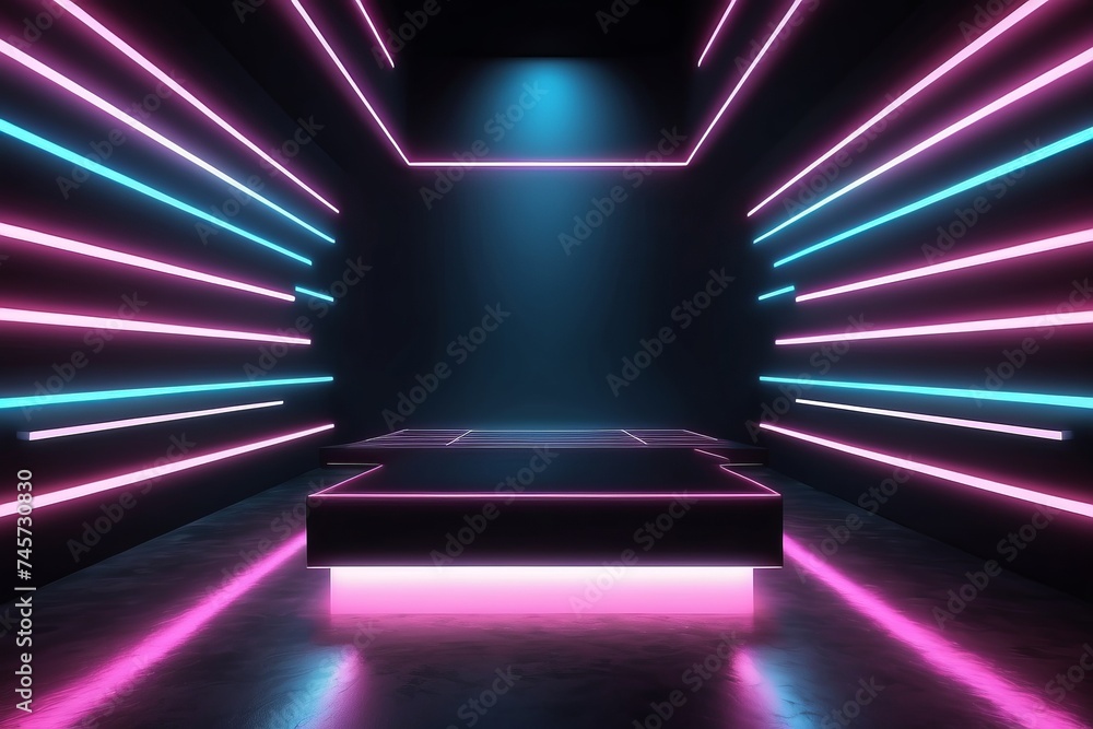 Dark Room With Neon Lights and Steps - obrazy, fototapety, plakaty 