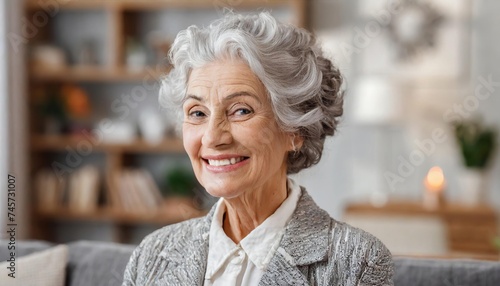 Generated image of senior woman with gorgeous grey hairstyle at home