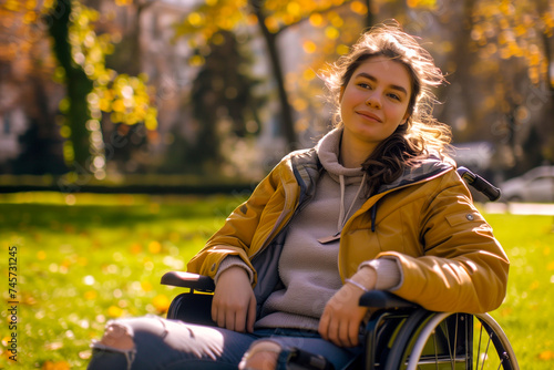 Smiling young girl in a wheelchair in the park on a sunny autumn day