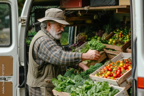 Man in hat standing in front of vegetablefilled van on sunny day in rural area photo