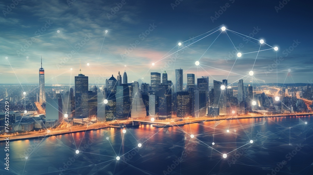 Blurry network interface with arrows pointing up over New York city panorama background. Concept of smart city and internet connection