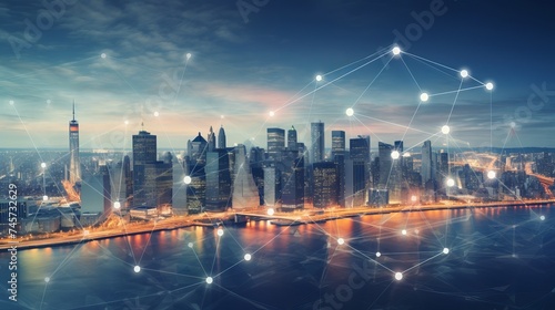 Blurry network interface with arrows pointing up over New York city panorama background. Concept of smart city and internet connection photo