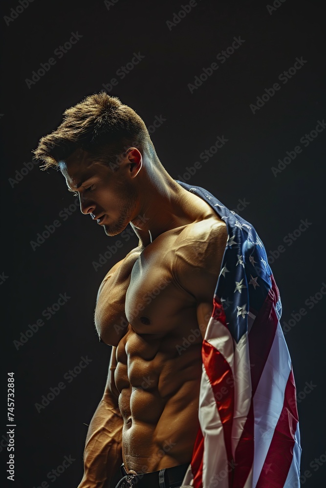 muscular man with an American flag