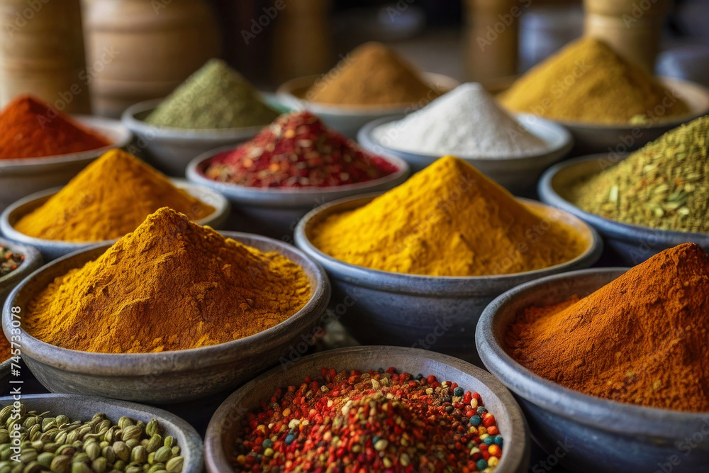 Eastern local market, piles of colorful aromatic spices. Ceramic pots with seasonings, different types of powder on the background. - obrazy, fototapety, plakaty 