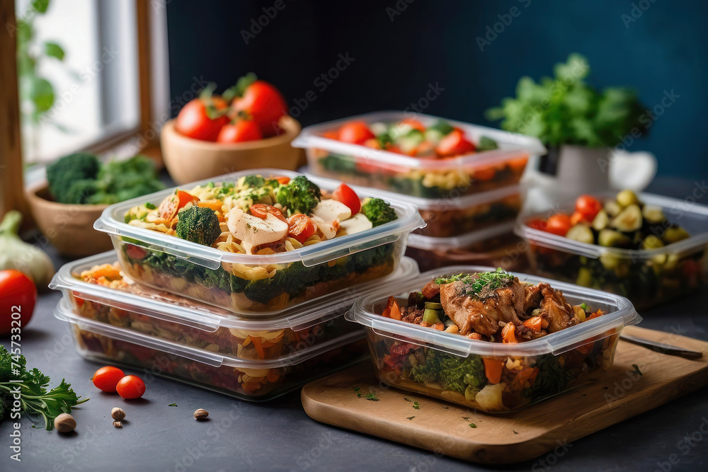 A bright photo for advertising the delivery of ready-made food, transparent plastic containers with healthy food. Dietary dishes, boxes on the table. - obrazy, fototapety, plakaty 