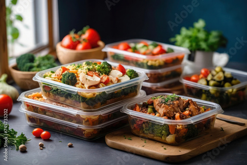 A bright photo for advertising the delivery of ready-made food, transparent plastic containers with healthy food. Dietary dishes, boxes on the table. photo