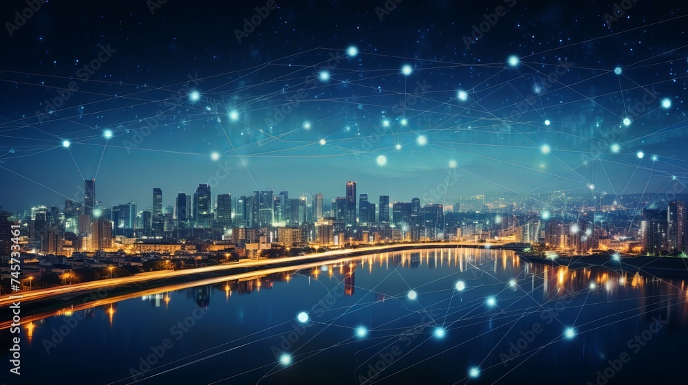 Cityscape and line effect  network connection concept,Smart city,Business concept