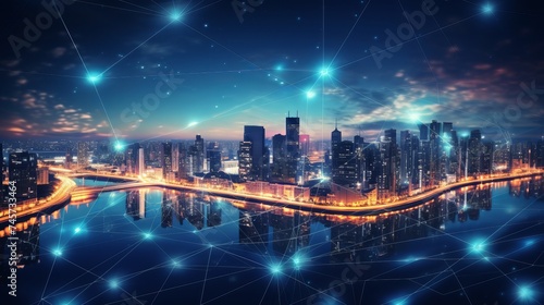 Cityscape and line effect  network connection concept,Smart city,Business concept